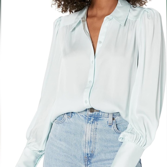 Trina Turk Puff Sleeve Silk Blend Blouse, Blue Frost, Small - Picture 2 of 9